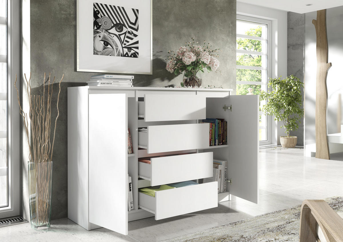 KOMMODE NUDO 120/101,5/39cm mit 4 Schubladen 2 Türen Weiß - Weiß, Holzwerkstoff (120/101.5/39cm) - MASSENO