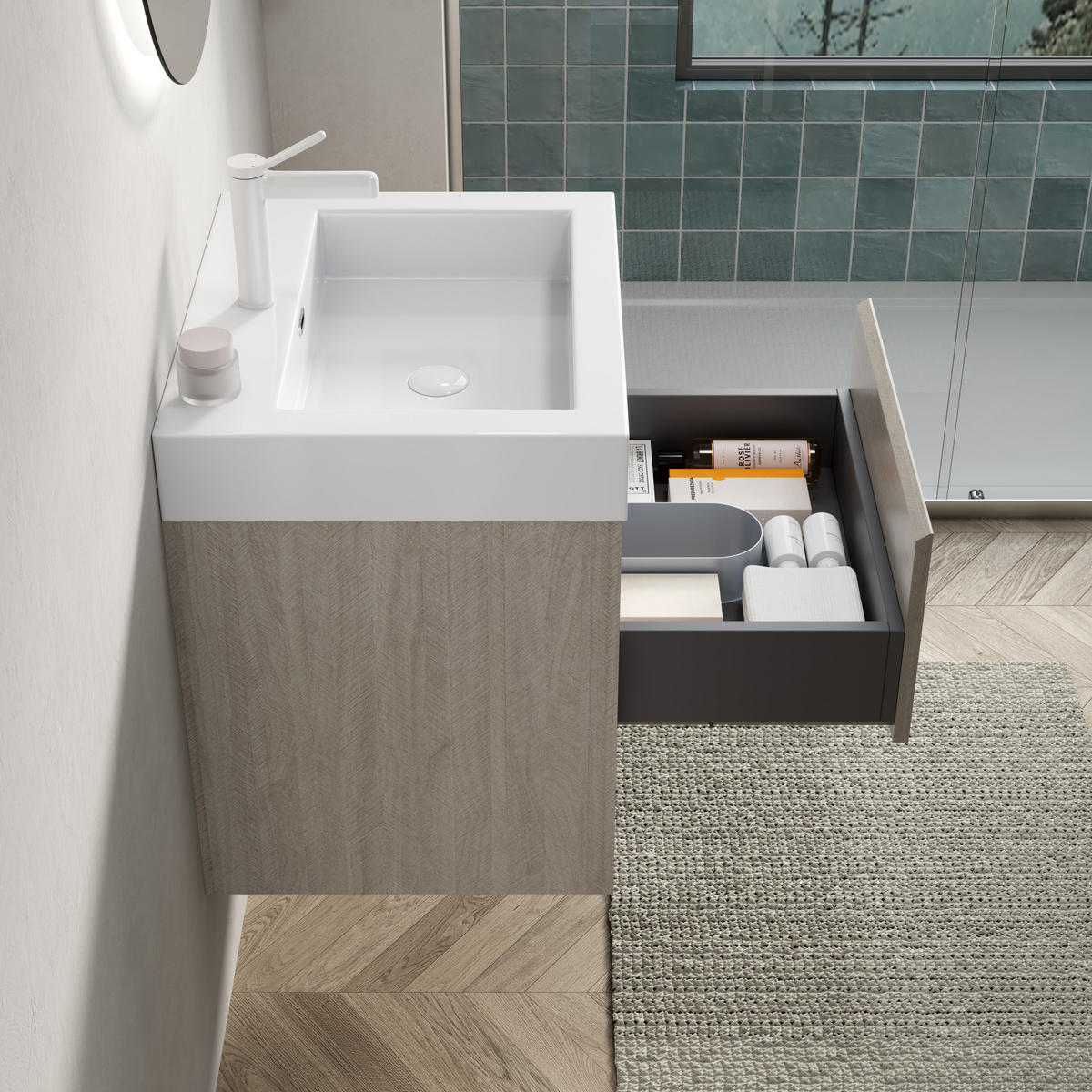 WASCHTISCHUNTERSCHRANK 55 cm mit Mineralgussbecken Light Oak/White - Weiß, Holzwerkstoff (46/60/55cm) - Beauniv