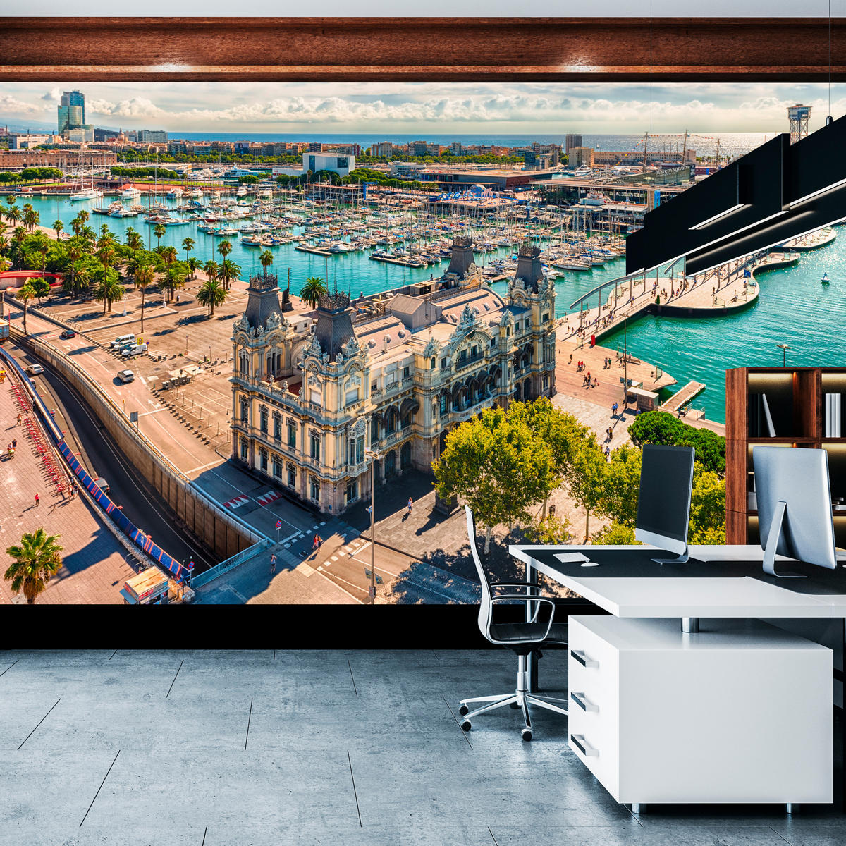FOTOTAPETE für Wohnzimmer Barcelona Hafen Boote Denkmäler 350x256 - Türkis/Beige, Papier (350/256cm) - Muralo