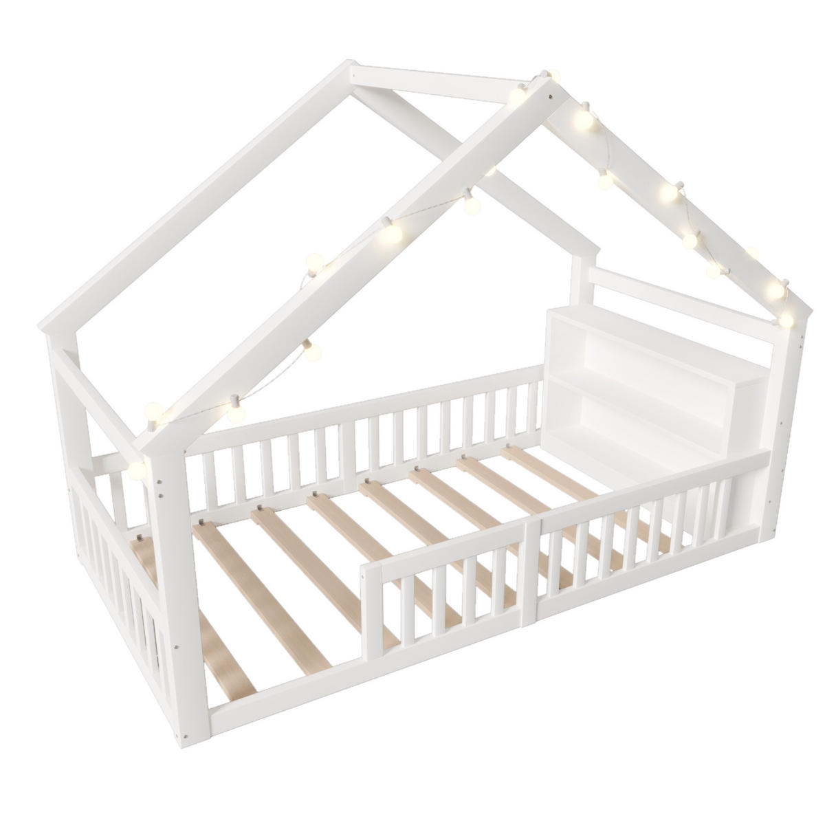 HAUSBETT 90/190 cm Weiß mit Schutzgitter und Regal - Weiß, Holz (90/190cm) - MIVRAY