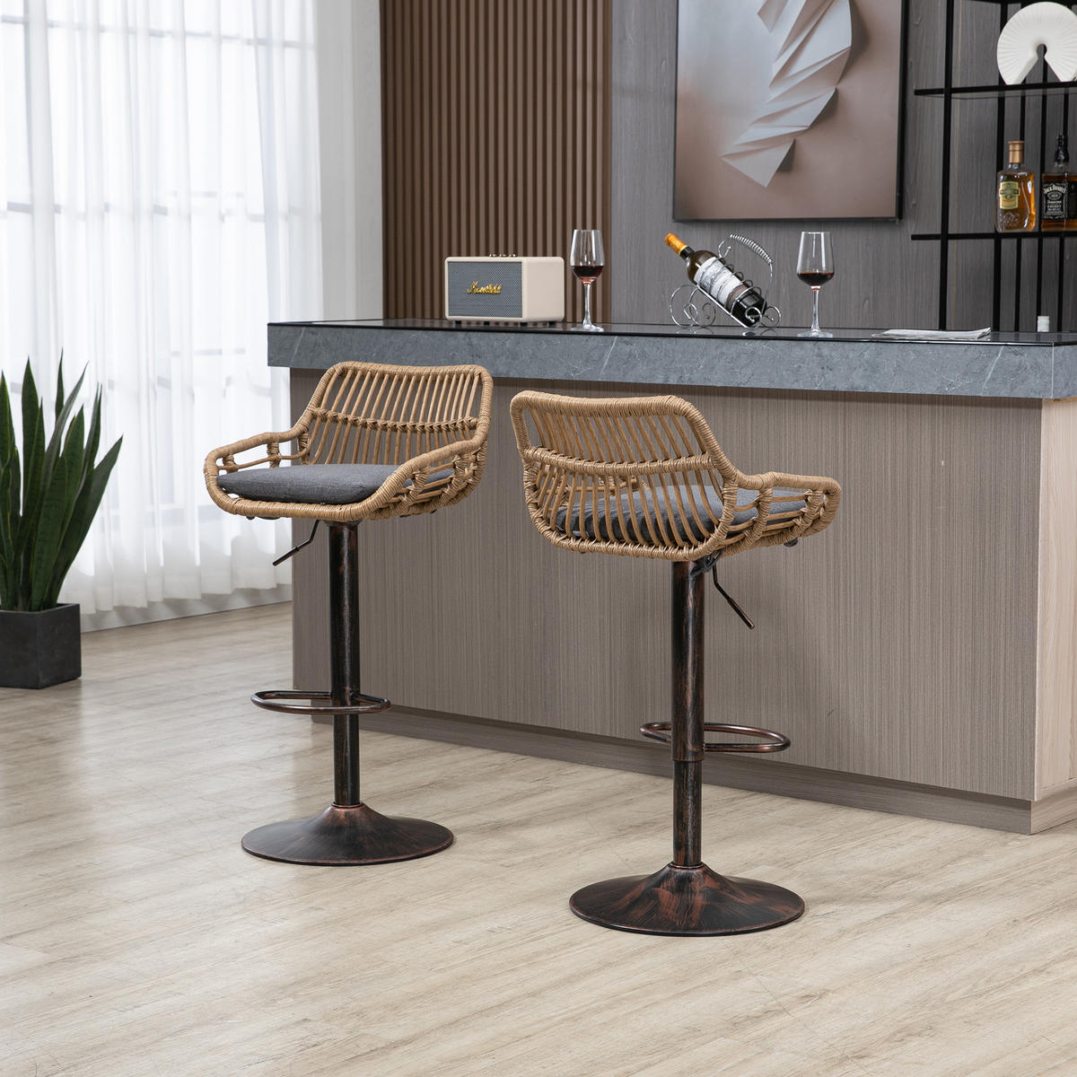 BARHOCKER 2er-Set drehbar mit Rattan und Höhenverstellung, Grau - Grau, Textil (49/89/48cm)