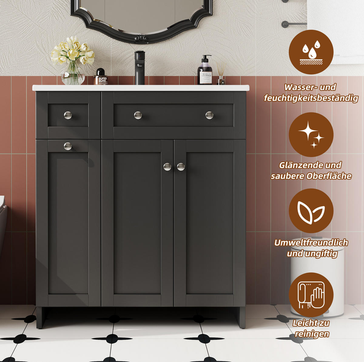 BADEZIMMERWASCHTISCH aus MDF und Keramik 76x47x86 cm Schwarz mit Stauraum und Soft-Close - Schwarz, Keramik (76/86/47cm) - Modfu