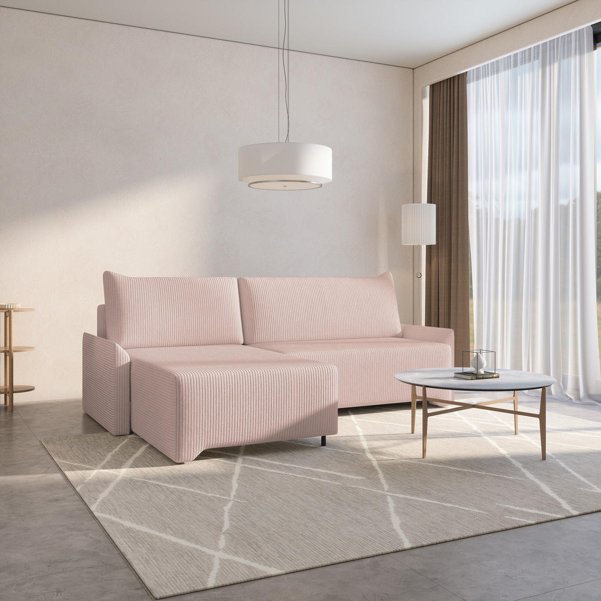 ECKSCHLAFSOFA - Rocky - Links, Flamingo (Poso 52) - Schwarz/Rosa, Holzwerkstoff/Metall (245/174cm) - Möblo