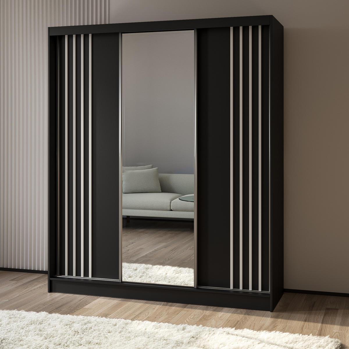 SCHWEBETÜRENSCHRANK NELVIA 180/216/61 cm 3-türig mit Spiegel Schwarz - Schwarz, Holzwerkstoff (180/216/61cm) - MASSENO