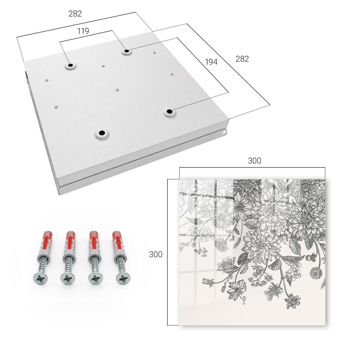 SCHLÜSSELBOX Weiß 30x30 cm – Türöffnung nach rechts - Florale Eleganz - Schwarz, Metall (30/30/5cm) - TULUP