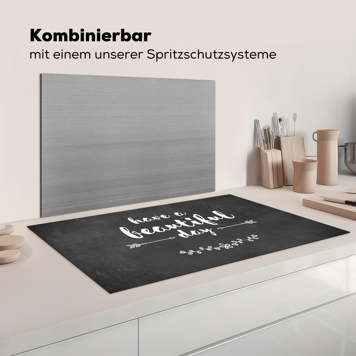 HERDABDECKPLATTE Zitat - Einen schönen Tag - Grau - Weiß Ceranfeldabdeckung 90x52 cm - Anthrazit, Kunststoff (90/52/0.2cm) - MuchoWow