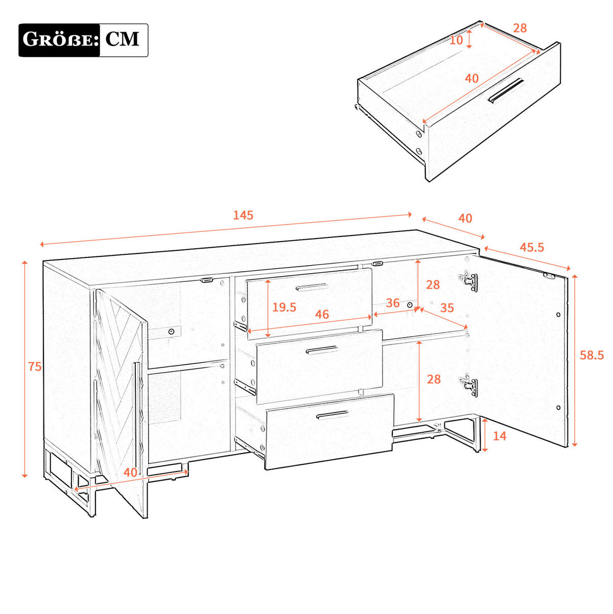 SIDEBOARD 145/40/75 cm Weiß aus MDF mit 2 Türen und 3 Schubladen - Weiß, Holzwerkstoff (40/75/145cm) - OKMYHOME