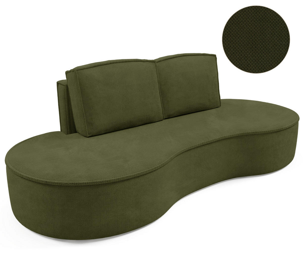 SOFA Molly – Freistehendes halbrundes Designsofa mit zwei eleganten, abnehmbaren RückenKissen, Curio Stoff, Größe: 234x101x88 cm, Grün - Waldgrün, Holz/Textil (234/88/101cm) - DomoHome