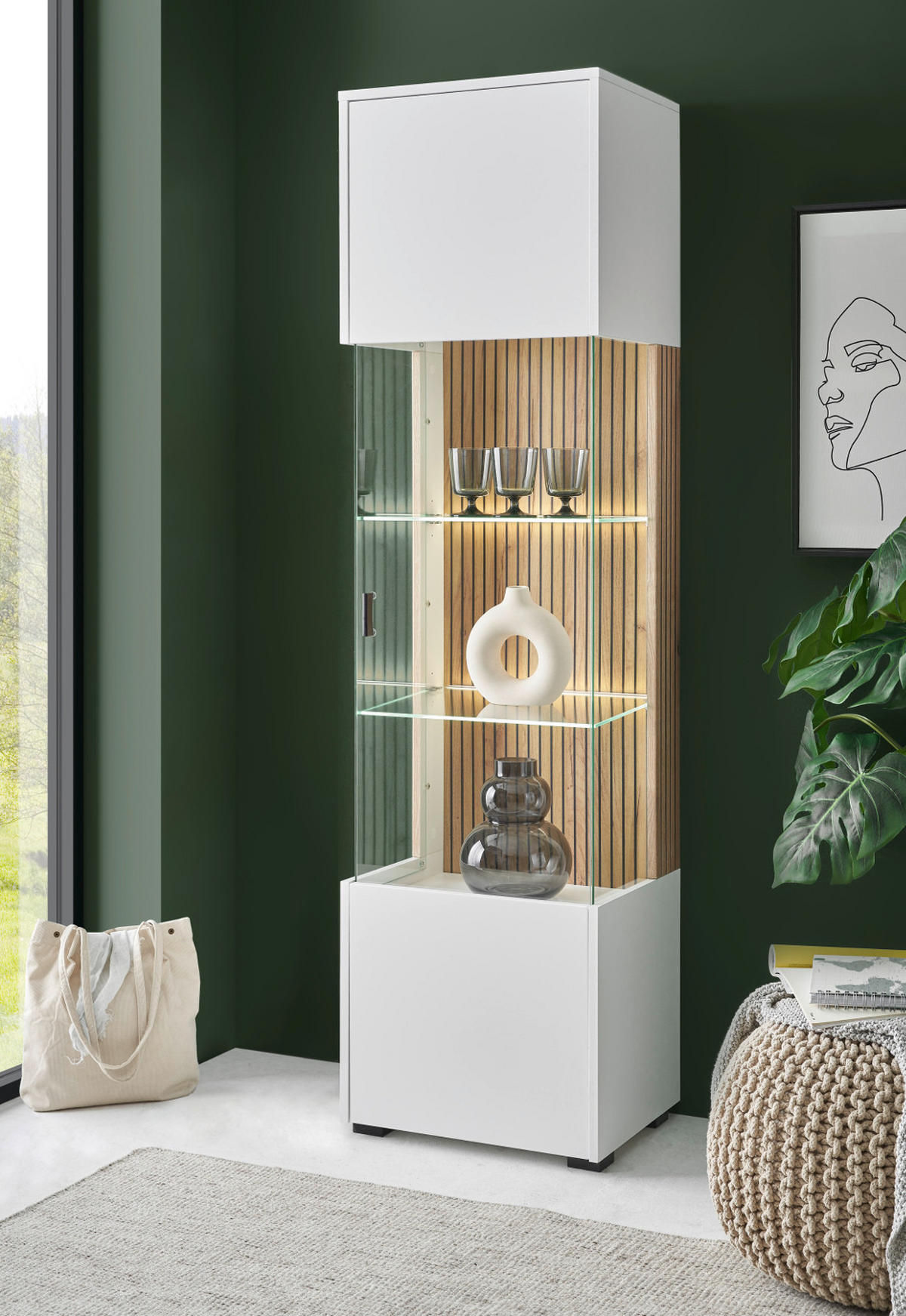 VITRINE weiß matt, Eiche 48 x 180 cm, Glasvitrine mit 5 Fächern und Soft-Close - Eichefarben/Schwarz, Glas/Holzwerkstoff (48/180/38cm) - Furn.Design