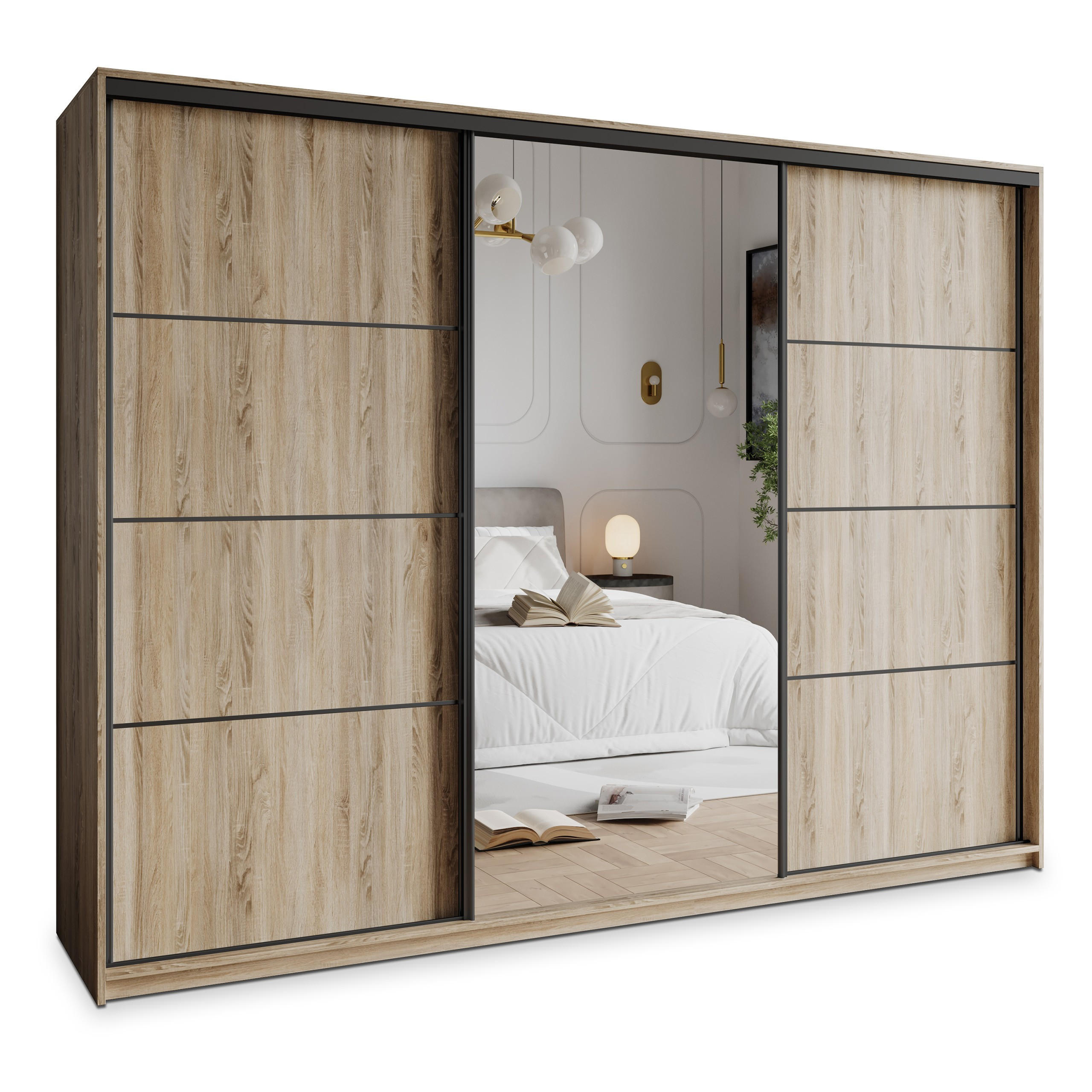 Masseno Schwebetürenschrank Sonoma Eiche, Schwarz 250x205x60 cm