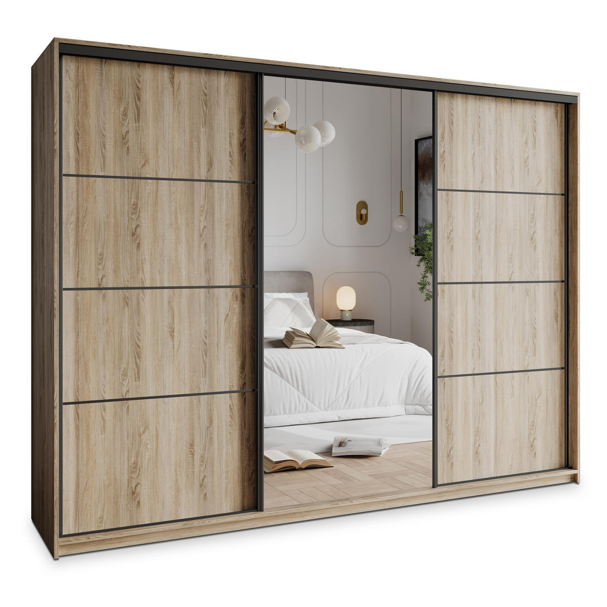 SCHWEBETÜRENSCHRANK VARO 250/205/60 cm 3-türig mit Spiegel und Schubladen Sonoma Eiche - Schwarz/Sonoma Eiche, Holzwerkstoff (250/205/60cm) - MASSENO