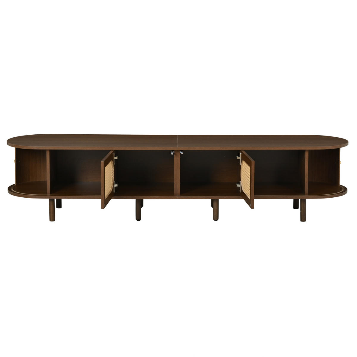 TV stolek z MDF 180x40x40 cm tmavý dub se 2 dvířky, 2 roletovými dvířky a ratanovým dekorem - hnědá, kompozitní dřevo (180/40/40cm) - Modfu