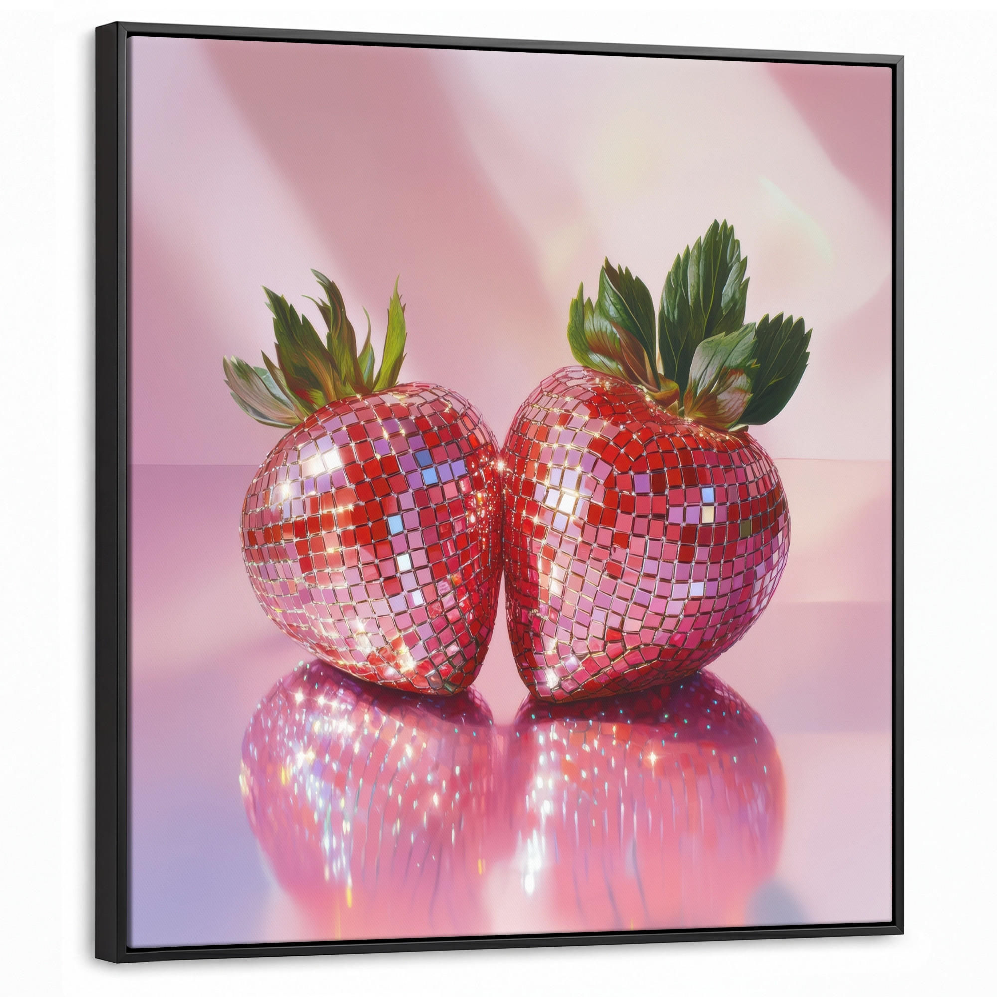 LEINWAND Bilder mit Rahmen - Disco - Obst - Glitzer - Erdbeere - 90x90 - Pink, Textil (90/90cm) - MuchoWow