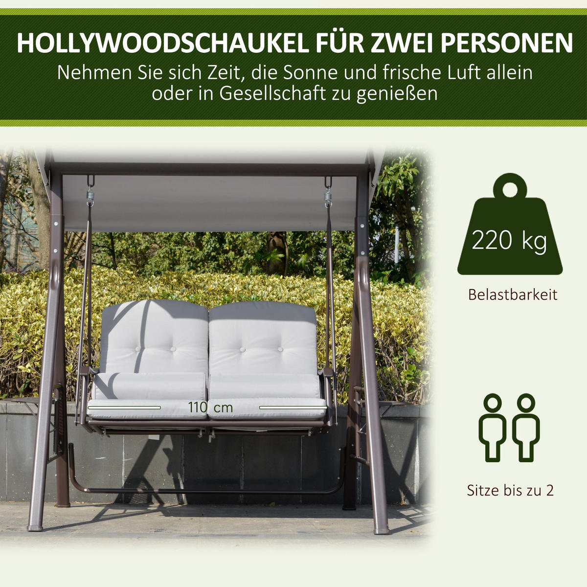 GARTENSCHAUKEL 2-Sitzer mit Sonnendach Kissen Tablett Metall Kunststoff Grau - Grau, Kunststoff/Metall (220/173/162cm) - Outsunny