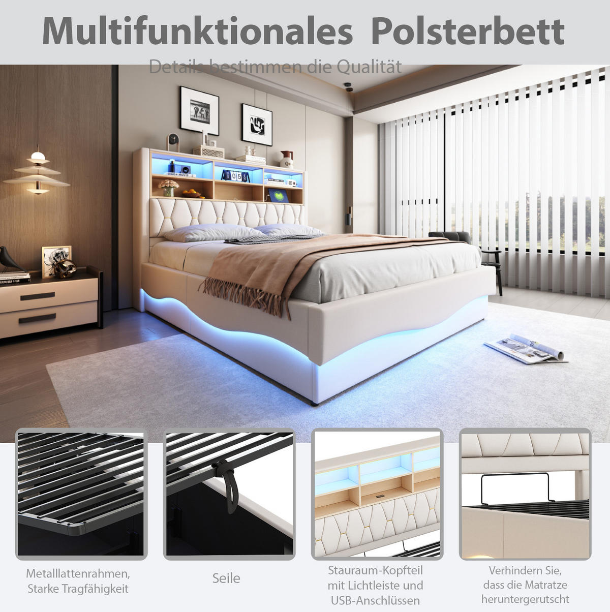 POLSTERBETT 180/200 cm aus Eisen mit LED und USB, Beige - Beige, Metall (180/200cm) - OKMYHOME