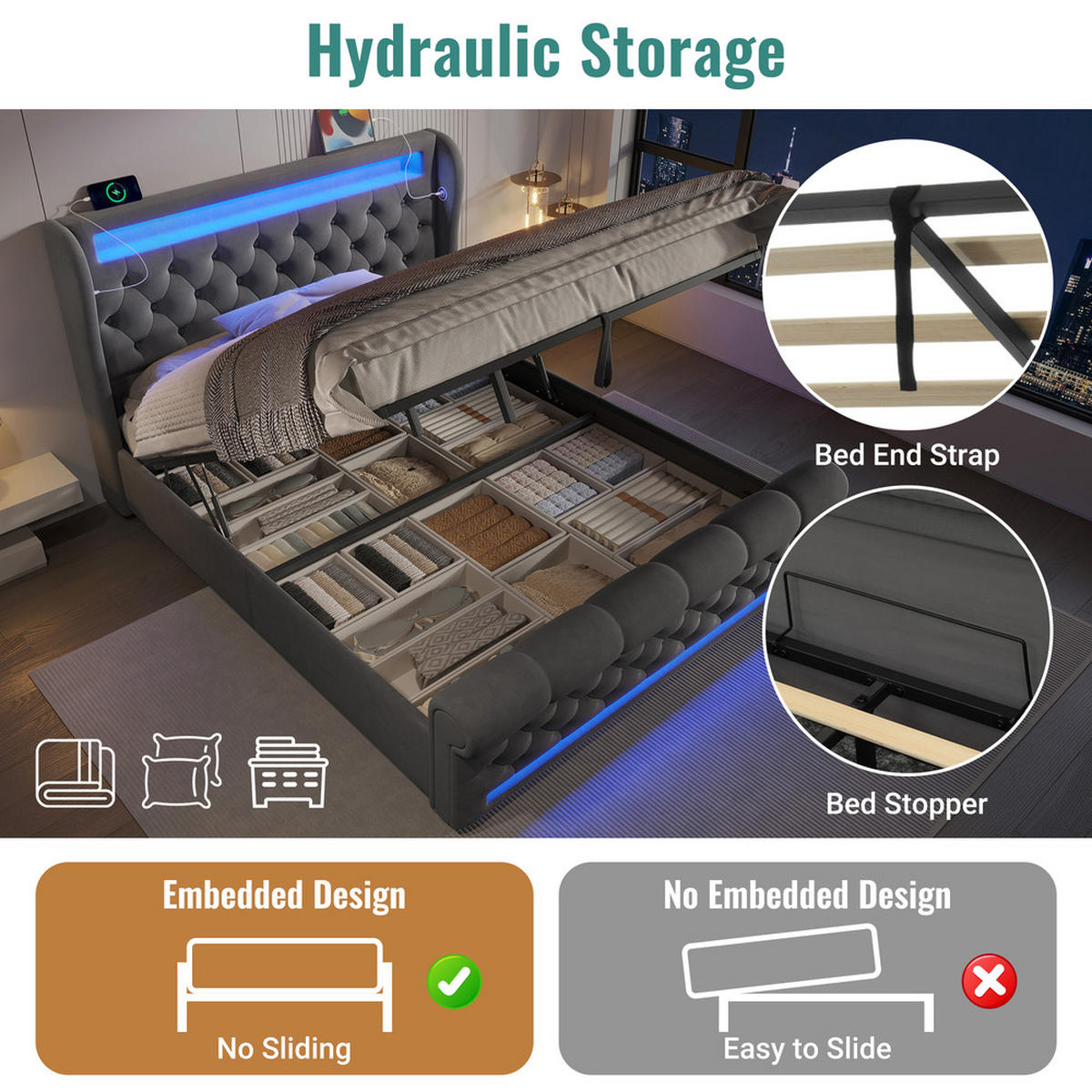 POLSTERBETT 140x200cm Doppelbett LED USB-C & Hydraulik Grau Samt - Grau, Holz (140/200cm) - FLIEKS