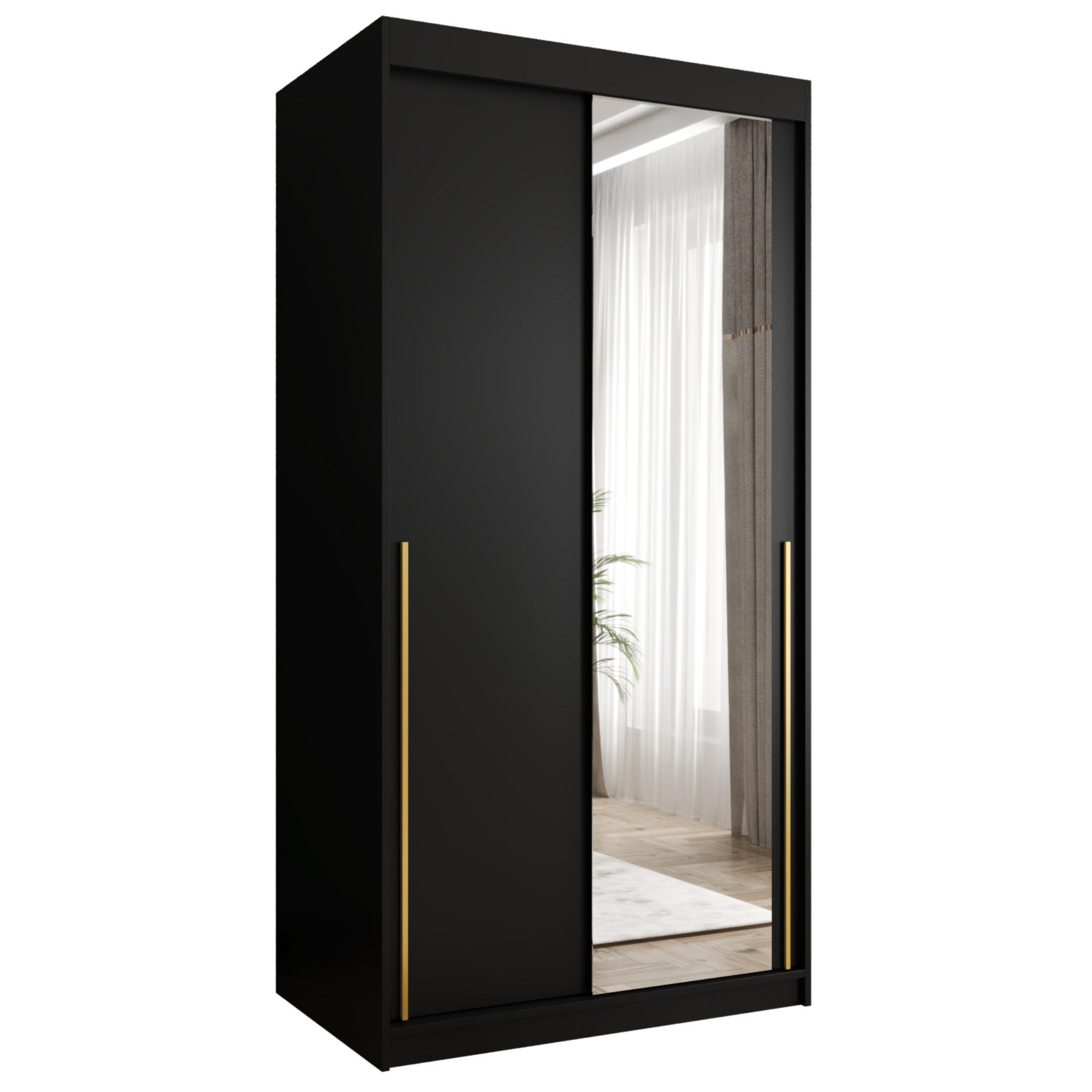 SCHIEBETÜRENSCHRANK mit Spiegel 100 cm Breite, schwarz mit goldenem Griff - Goldfarben/Schwarz, Holzwerkstoff (250/200/62cm) - Home Collective