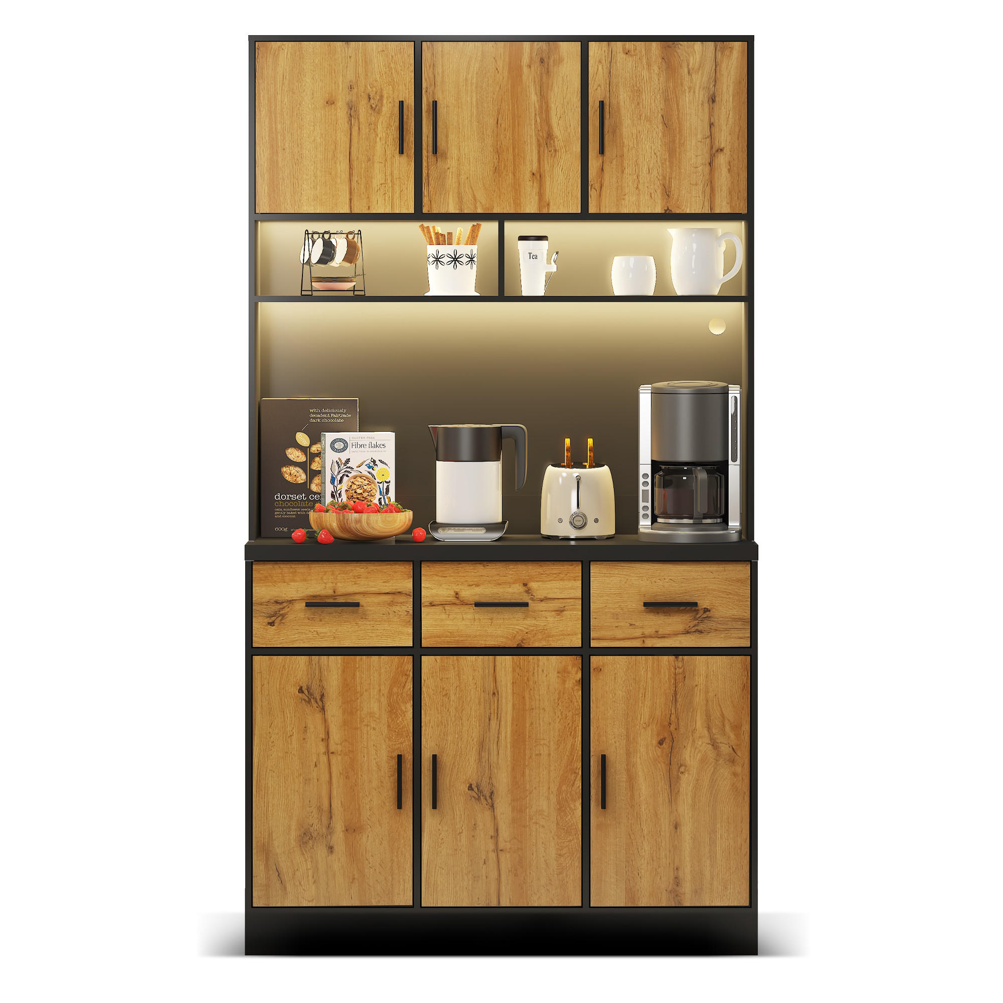 BUFFETSCHRANK aus MDF, mit LED, 3 Schubladen & Steckdosenleiste, 100/40/180 cm, Schwarz/Natur - Schwarz, Holzwerkstoff (100/180/40cm) - Modfu