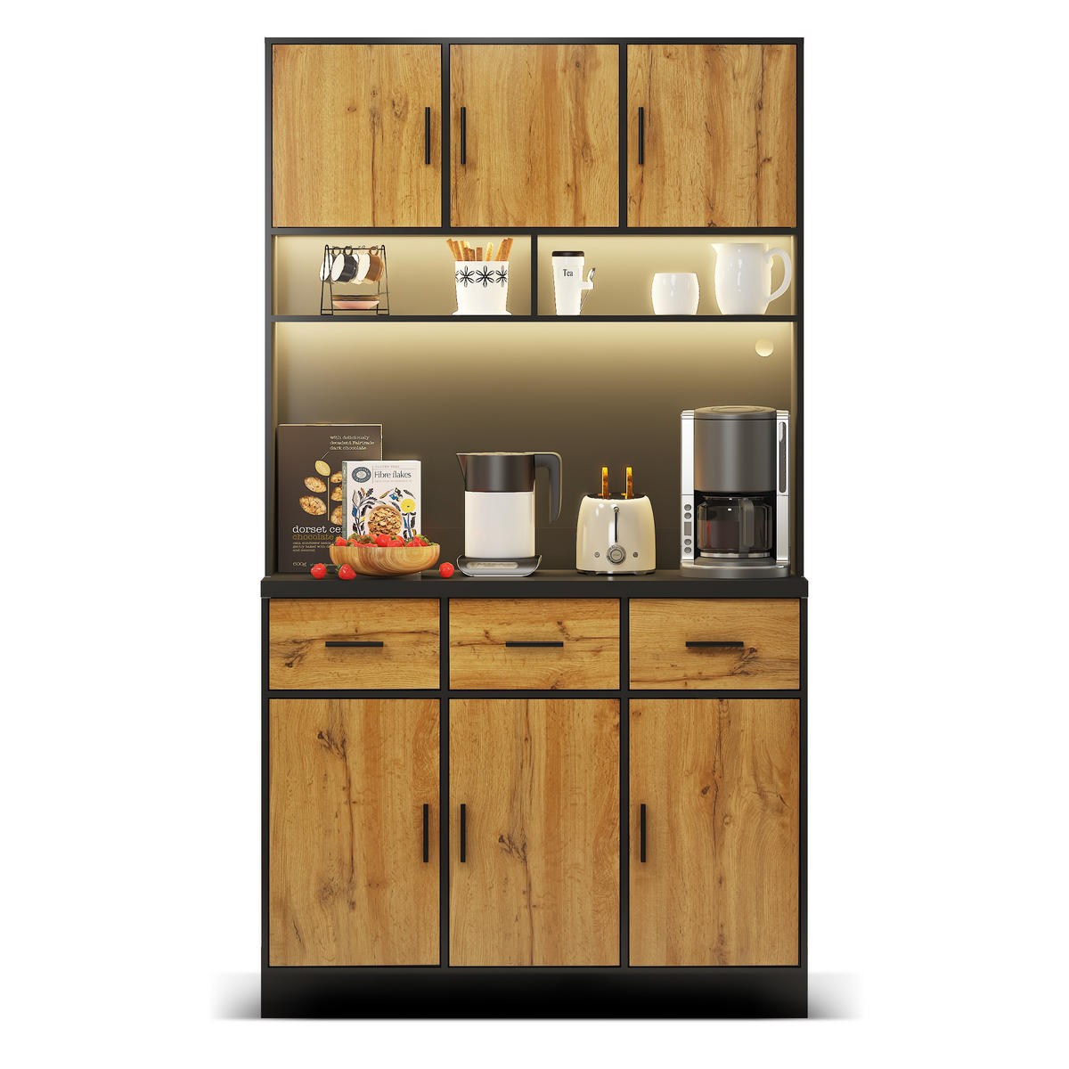 BUFFETSCHRANK aus MDF, mit LED, 3 Schubladen & Steckdosenleiste, 100/40/180 cm, Schwarz/Natur - Schwarz, Holzwerkstoff (100/180/40cm) - Modfu