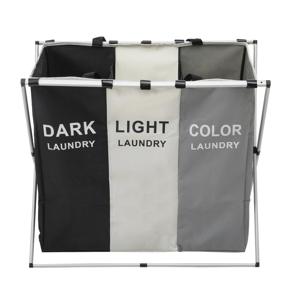 WÄSCHEKORB 3-Fächer Faltbar Aluminiumrahmen Oxford-Gewebe - Schwarz/Weiß, Textil/Metall (66/58/38cm) - Livingandhome