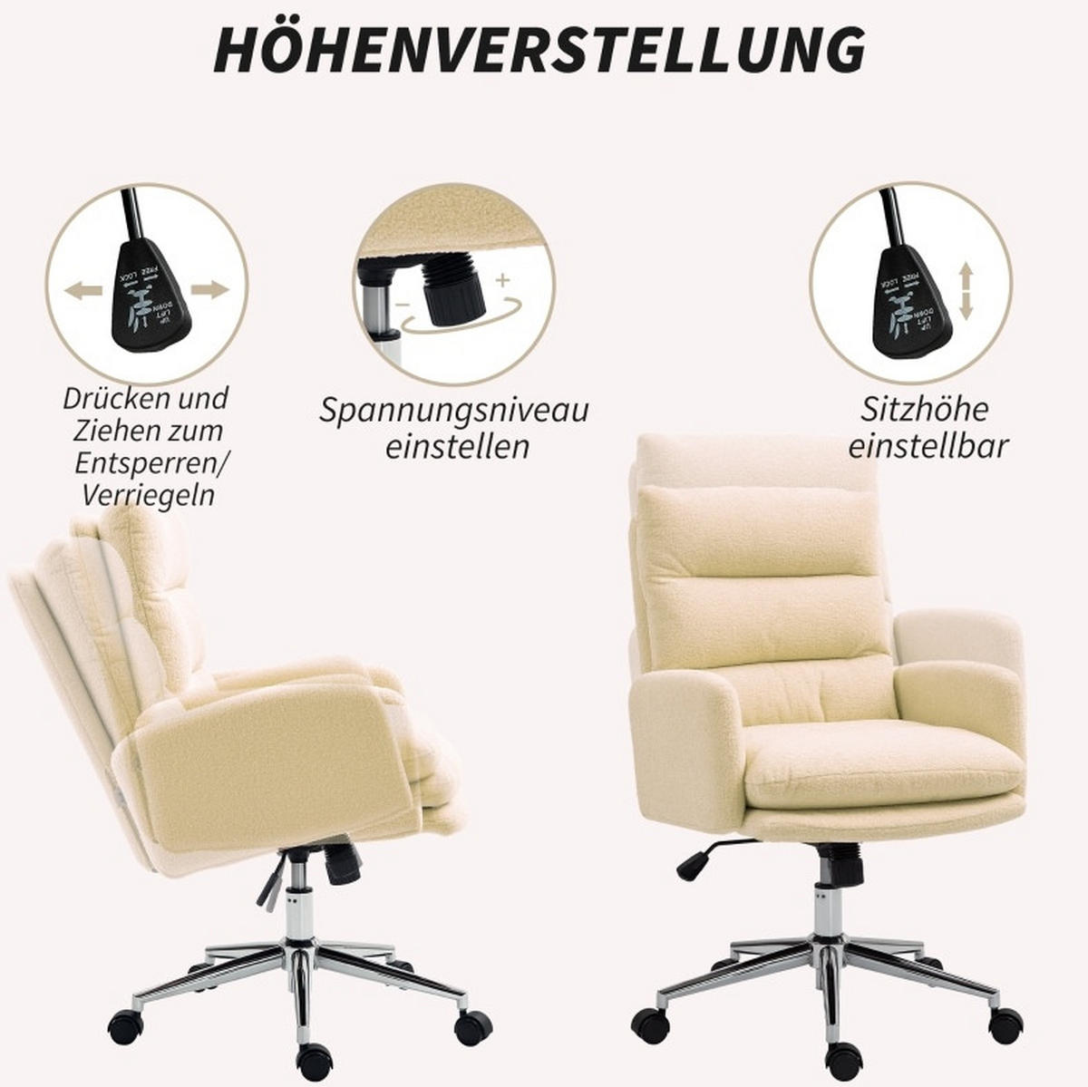BÜROSTUHL in Cremeweiß 58x67x99 cm mit Armlehnen, Wippfunktion und Höhenverstellung - Creme, Textil (67/99/58cm) - IVMEU