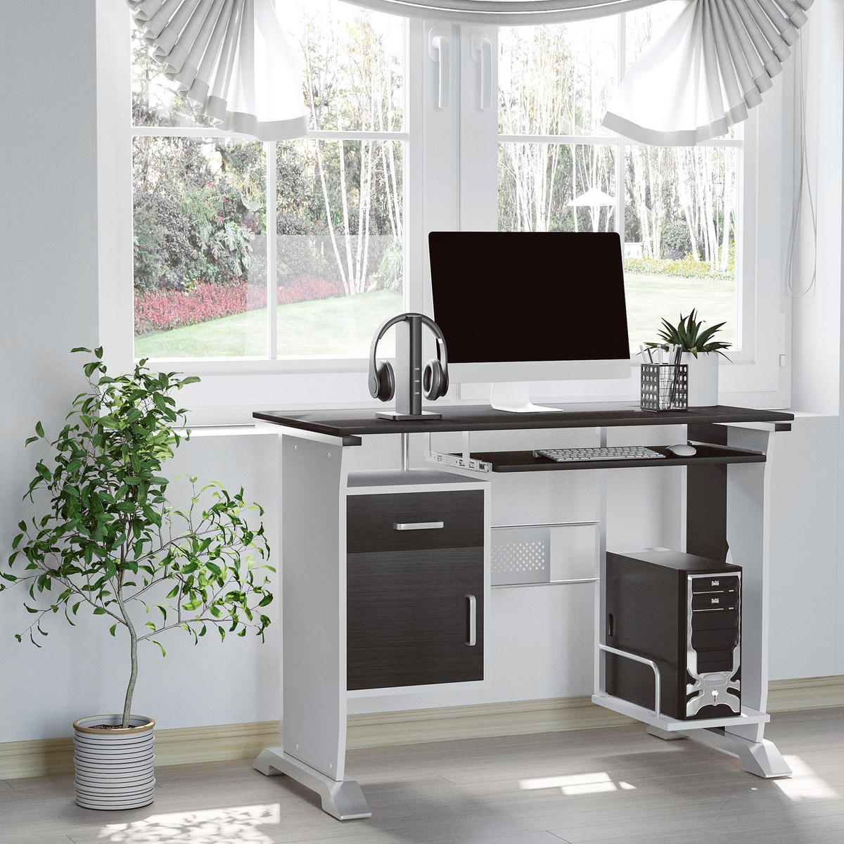 SCHREIBTISCH Schwarzbraun und Weiß mit Tastaturauszug, Schublade und Fach 100/52/75 cm - Walnussfarben, Holzwerkstoff (52/100/75cm) - PANGIVO