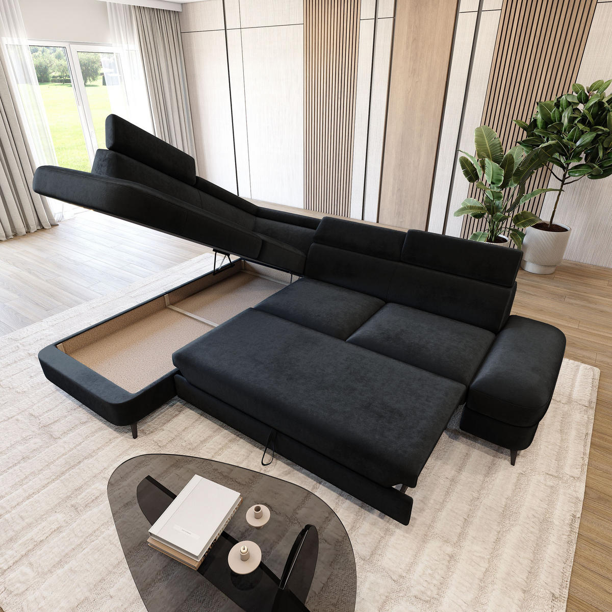ECKSOFA AVISE M L-S Schwarz Velours-Stoff mit Schlaffunktion - Schwarz, Holzwerkstoff/Textil (268/195cm) - MASSENO