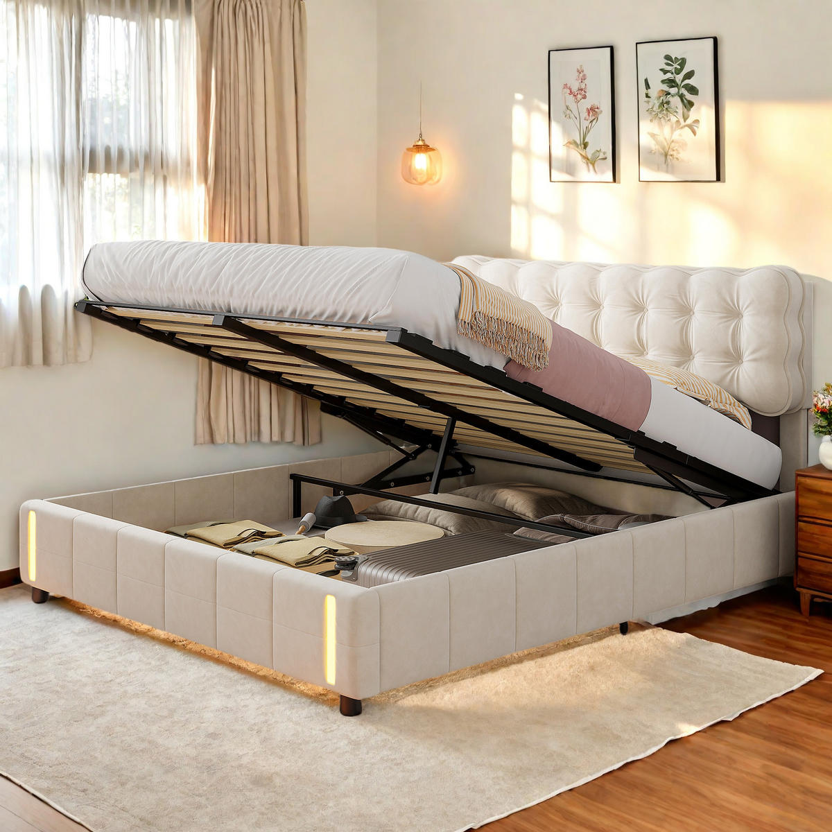 POLSTERBETT 140x190 cm LED Stauraum Hydraulik Lattenrost Samt beige - Beige, Holz (140/190cm) - LEBENLANG