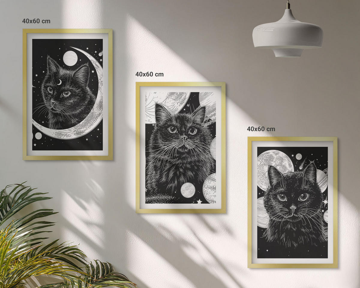 BILDER SET 3er Set - 40x60 cm Goldrahmen - Schwarze Katzen, Mond, Weltraum - Goldfarben, Kunststoff (40/60cm) - TULUP