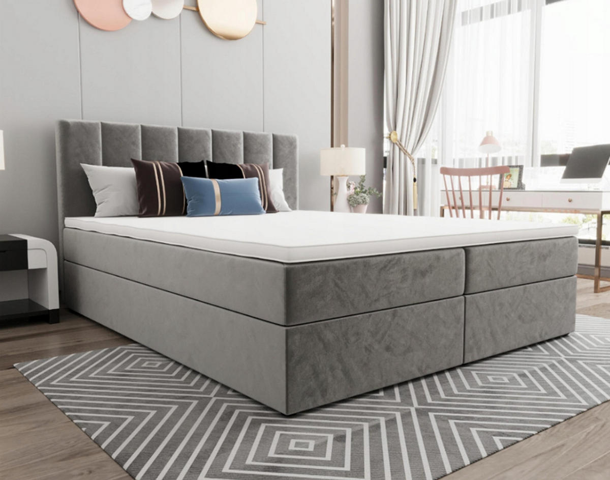 BOXBETT Benetutti 180/200 cm in Hellgrau – mit Bettkasten und Topper - Hellgrau/Schwarz, Holz/Holzwerkstoff (180/200cm) - AX Living