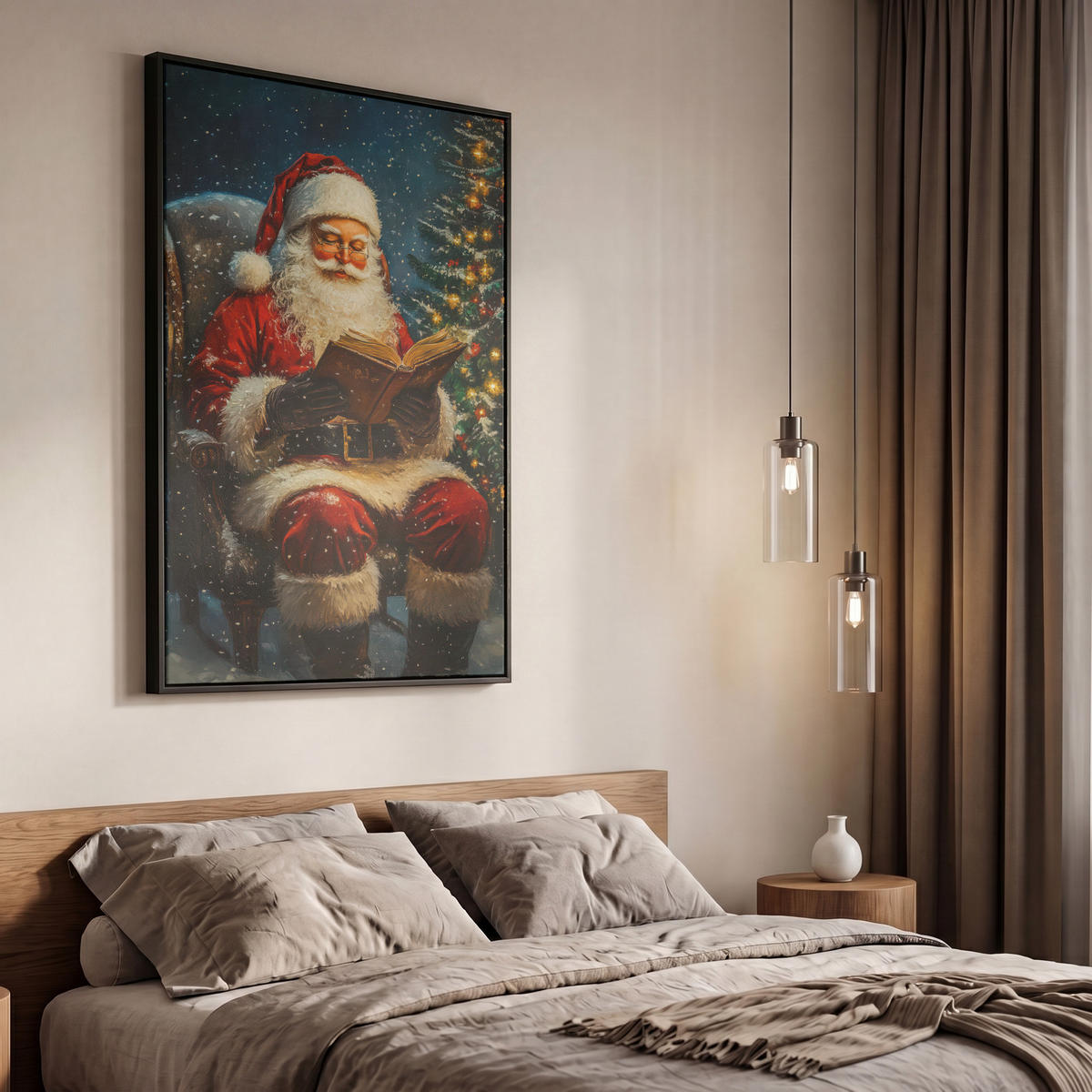 LEINWAND Bilder mit Rahmen - Weihnachtsmann - Weihnachten - Winter - Weihnachtsbaum - 60x90 - Bordeaux, Textil (60/90cm) - MuchoWow
