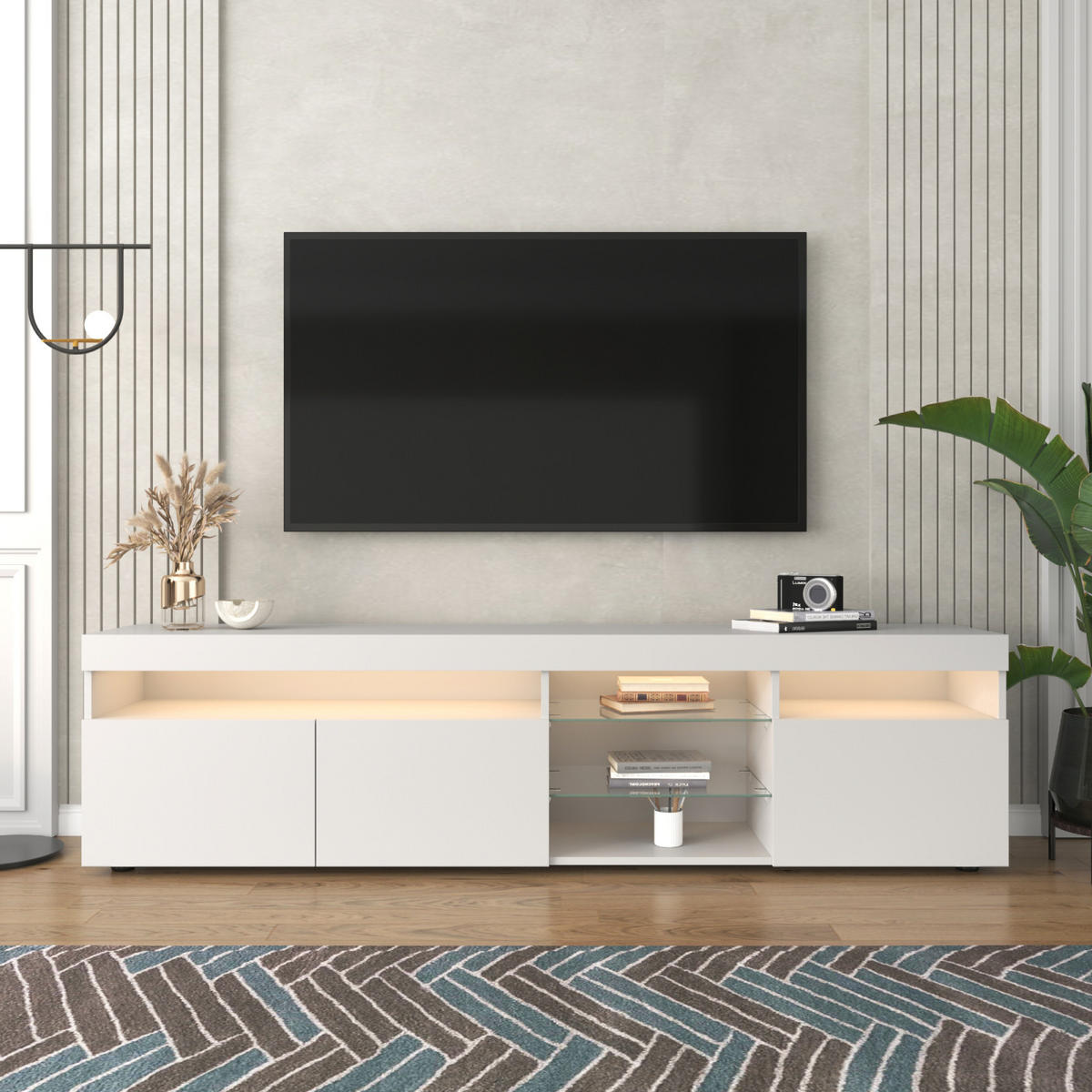 TV Lowboard LED, 3 Türen, 2 Glasregale, Weiß - Weiß, Holz (180/45/35cm)
