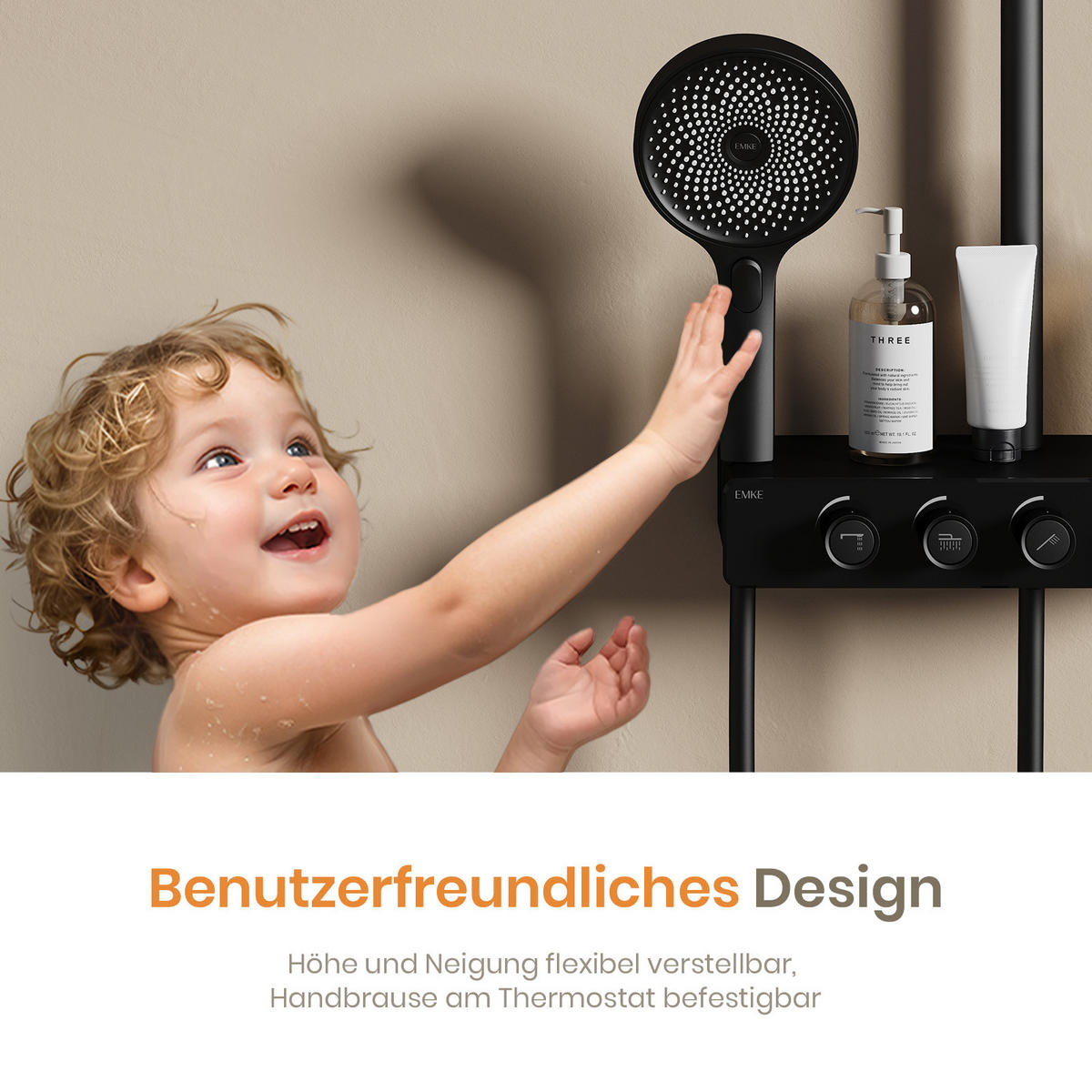 ÜBERKOPFBRAUSESET mit Thermostat Runde Überkopfbrause Vielseitig Schwarz - Schwarz, Metall (35.5/110/40cm) - EMKE