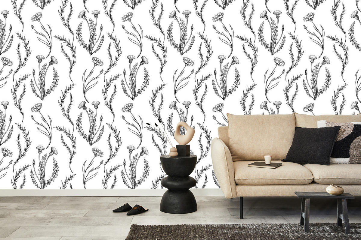 VLIESTAPETE Pusteblumen im Vintage-Stil – Schwarz, Weiß – 50x1000 cm - Schwarz/Weiß, Papier (50/1000cm) - Muralo