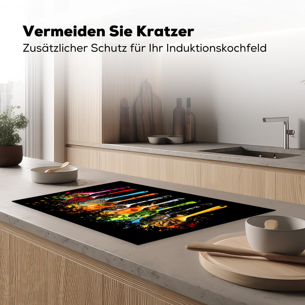 HERDABDECKPLATTE Löffel - Gewürze - Modern - Graffiti - Farbe - Farbenfroh Induktionsschutz 80x52.2 cm - Multicolor, Kunststoff (80.2/52.2/0.2cm) - MuchoWow