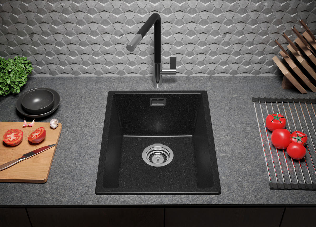 SPÜLBECKEN London Slim, 2-er set Anthrazit 36/47 cm 1 Becken + Ablauf-Set ab 40er Unterschrank - Chromfarben/Anthrazit, Kunststoff (36/20/47cm) - Primagran