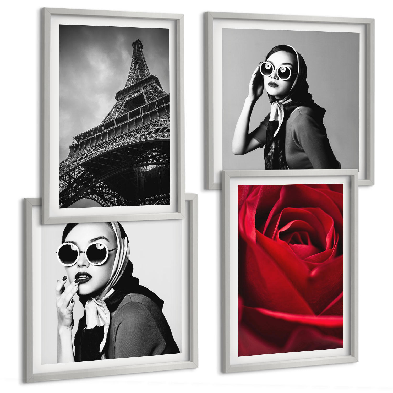 BILDER SET 4er Set - 50x50 cm & 40x60 cm Silberner Rahmen - Pariserin mit Eiffelturmbrille - Silberfarben, Kunststoff (50/50cm) - TULUP