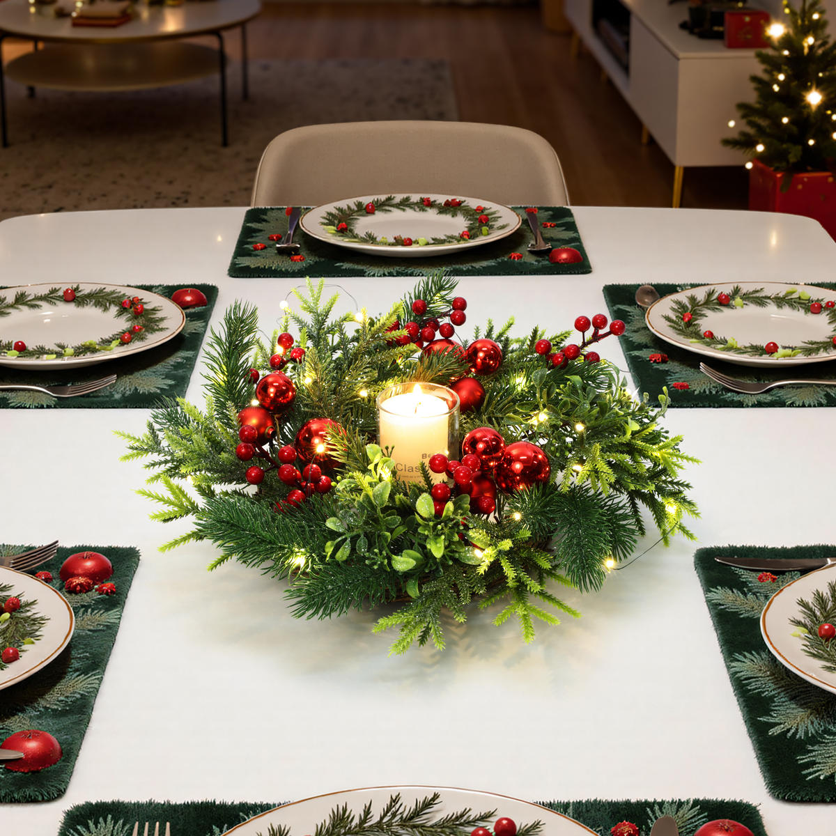 WEIHNACHTSKRANZ Ø40cm mit Beeren & Kugeln, 30 LEDs mit Timer - Dunkelgrün, Naturmaterialien (40cm) - Hometopia