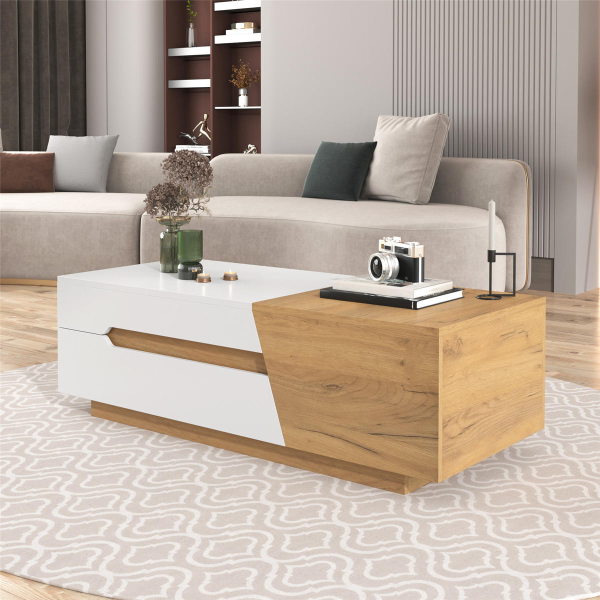 COUCHTISCH 120x50x37,5 Schubladen Farbblock Design - Weiß, Holz (120/50/37.5cm) - Kaket