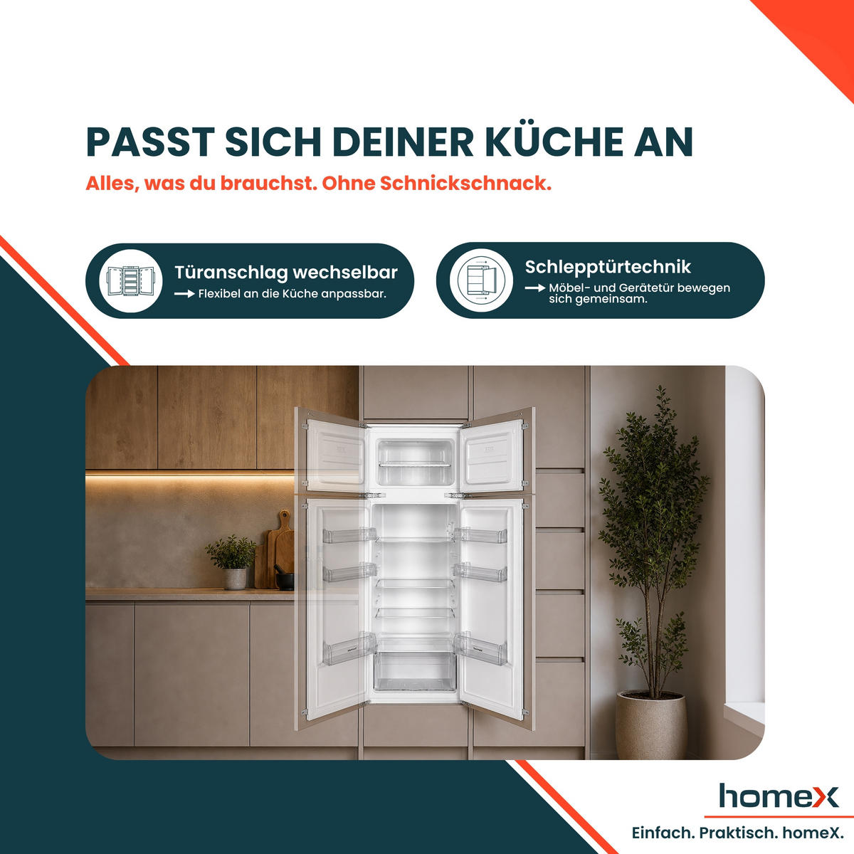 KÜHL-GEFRIER-KOMBINATION Einbau, 145cm Nische, 205 Liter, Schlepptürtechnik, Einbaukühlschrank mit Gefrierfach, CFB2051E - Weiß, Glas/Kunststoff (54/145/54cm) - homeX