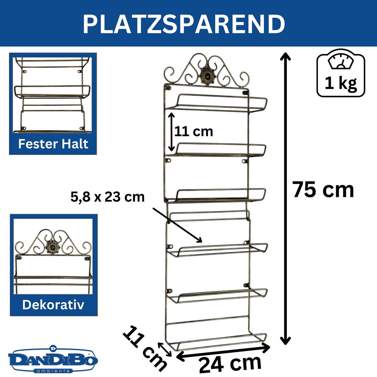 WEINREGAL Metall Wand Schwarz 75 cm - Schwarz, Metall (24/75/11cm) - DanDiBo