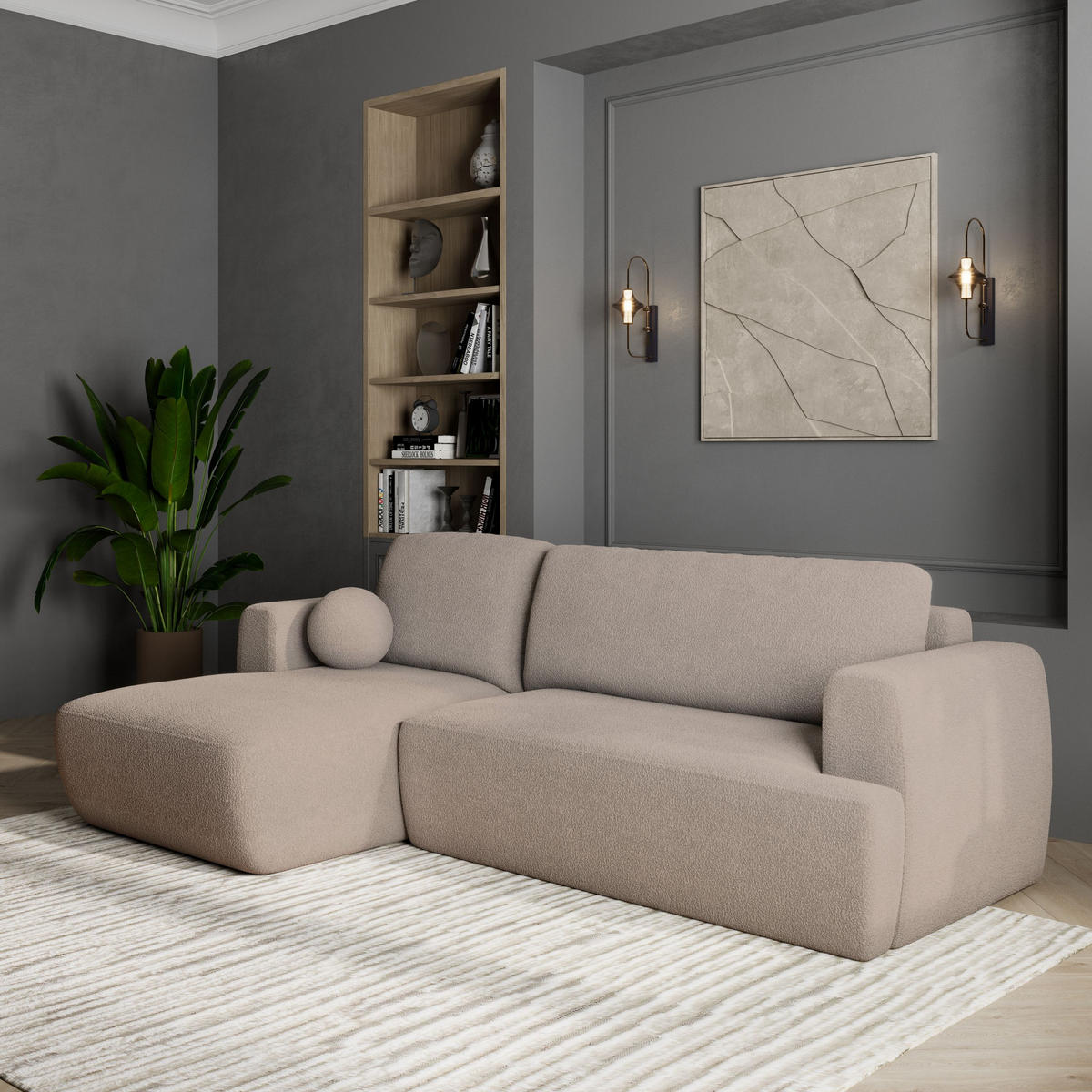 ECKSOFA SENTI N L-S Beige Boucle-Stoff mit Schlaffunktion - Beige, Holz (246/148cm) - MASSENO
