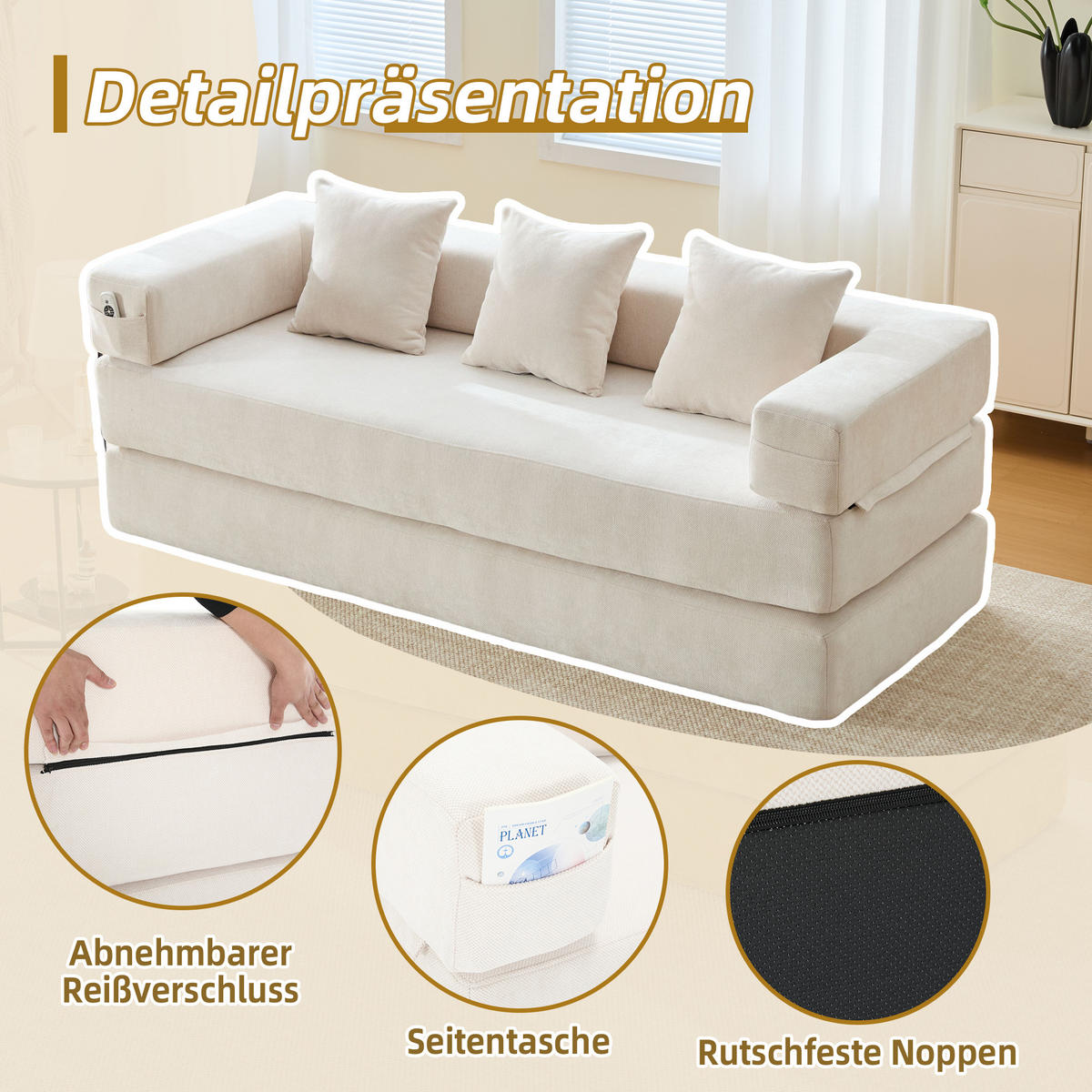 3-SITZER SOFA Chenille Beige mit Seitentaschen, Reißverschluss und rutschfester Unterseite - Beige, Holzwerkstoff/Textil (198/60/79cm) - WISHDOR