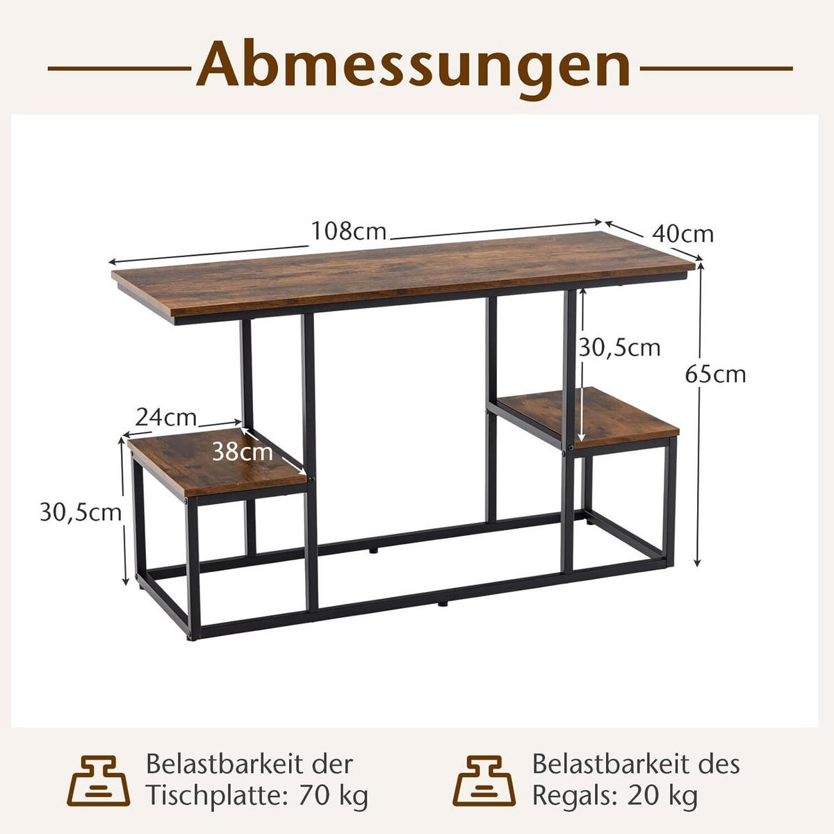 TV-KONSOLENTISCH 65cm Braun - Braun, Metall (40/65/108cm) - COSTWAY