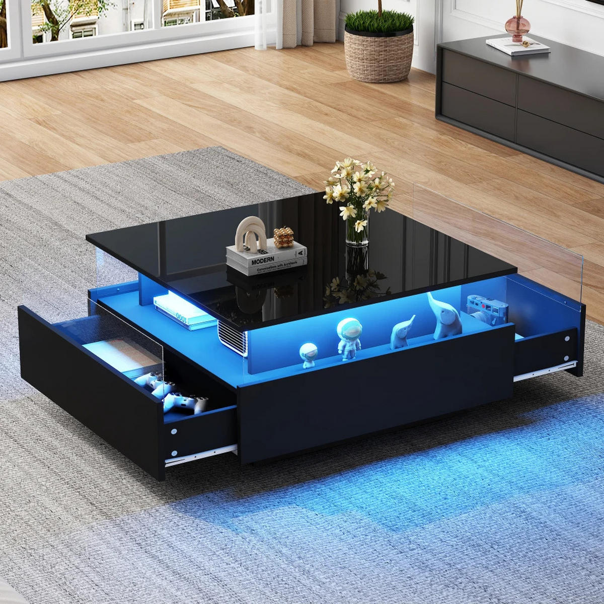 COUCHTISCH LED Hochglanz 70/70/41 cm 2 Schubladen Schwarz - Schwarz, Holz (70/70/41cm) - Kaket
