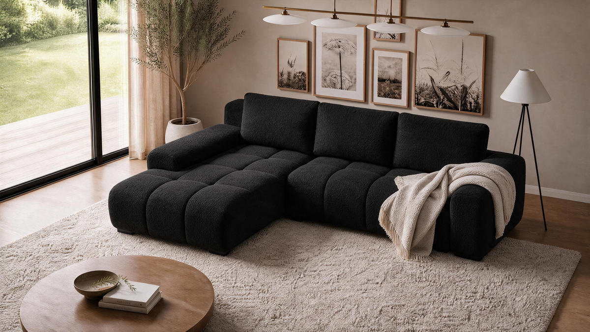 ECKSOFA Ovia mit Bettkasten und Schlaffunktion, Bouclé-Stoff in L-Form - Schwarz, Textil (270/185cm)