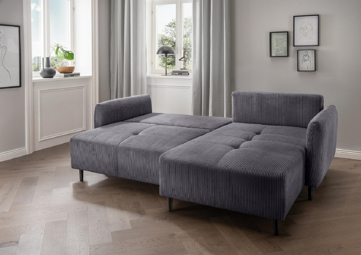 ECKSOFA mit Schlaffunktion und Bettkasten, Cord, beidseitig montierbar - Anthrazit/Schwarz, Holz/Textil (238/174cm) - myHomelando