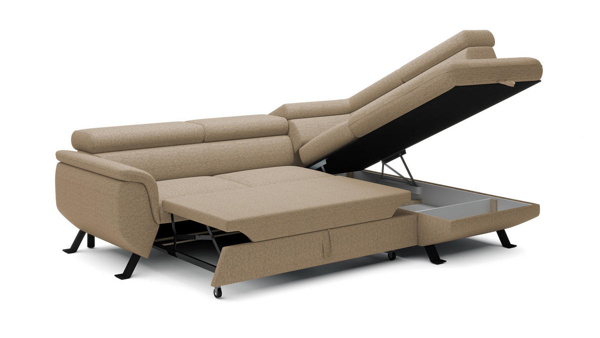ECKSOFA Raven L mit Schlaffunktion und Bettkasten, Freistehend, Polstersofa mit Verstellbaren Kopfstützen, 257x198x96 cm – Rechte, Cappucino - Cappuccino, Holz/Textil (256/198cm) - DomoHome