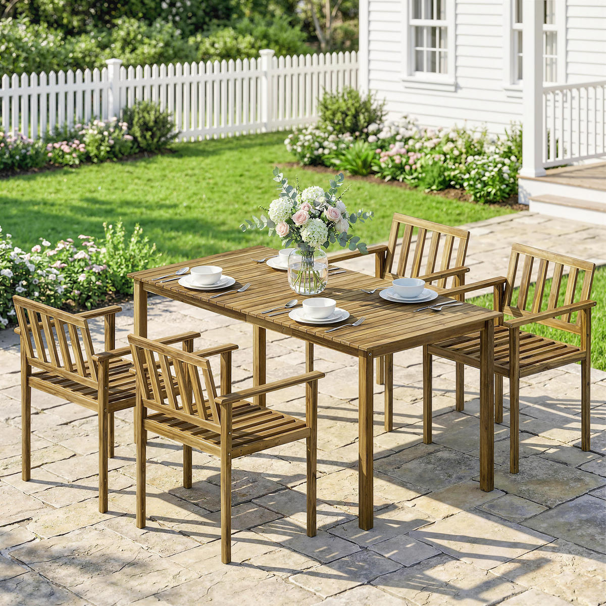 GARTEN-ESSSET 5-teilig,Tisch+Stühle für 4 Personen,teak - Beige, Holz - Vallsero