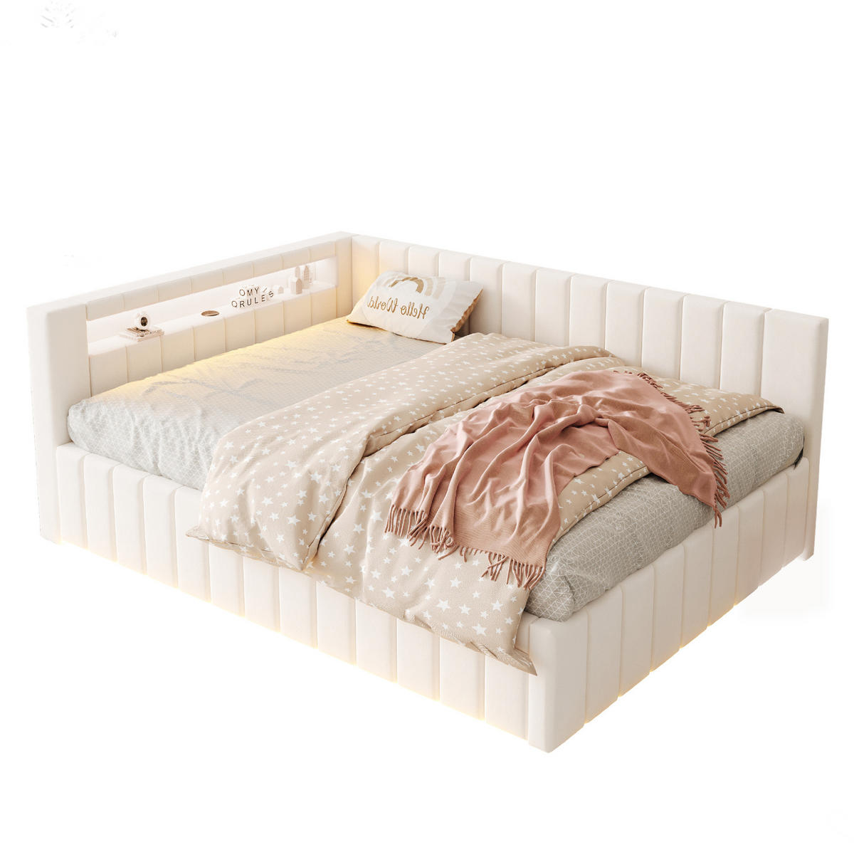 POLSTERBETT 140/200 cm aus Samtstoff mit LED-Beleuchtung USB-Anschluss und Stauraum Beige - Beige, Textil (140/200cm) - Modenvie